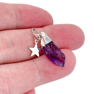 Vintage Silver-Tone Star Charm Amethyst Raw Crystal Pendant